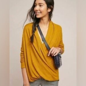 Anthropologie Akemi + Kin Woodruff Waffle Rib Knit Wrap Top Size Small Mustard